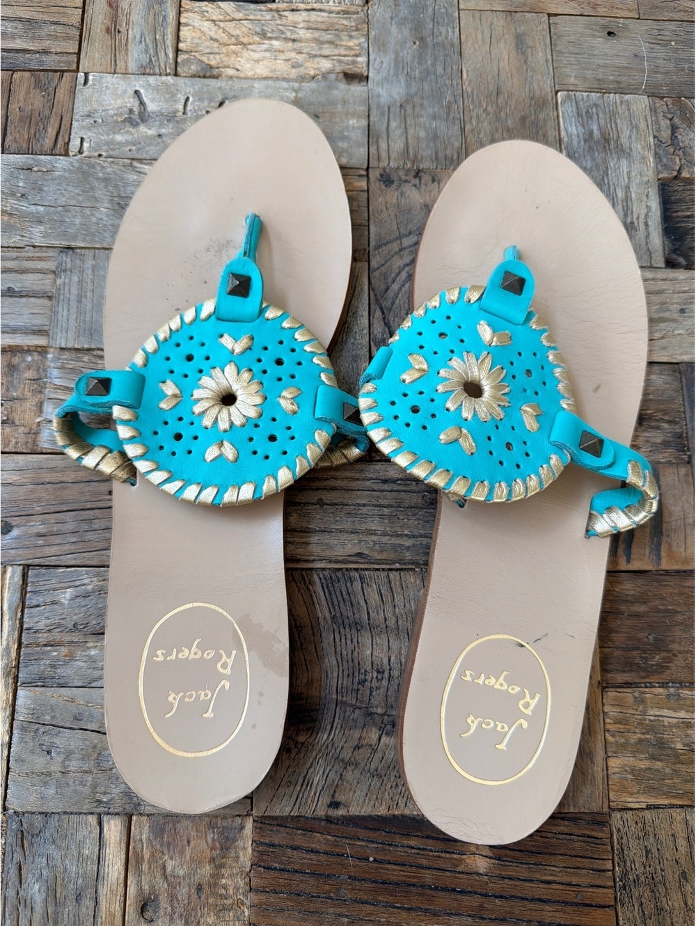 Jack Rogers Georgica Leather Sandals Turquoise Caribbean Blue Gold Size 8M